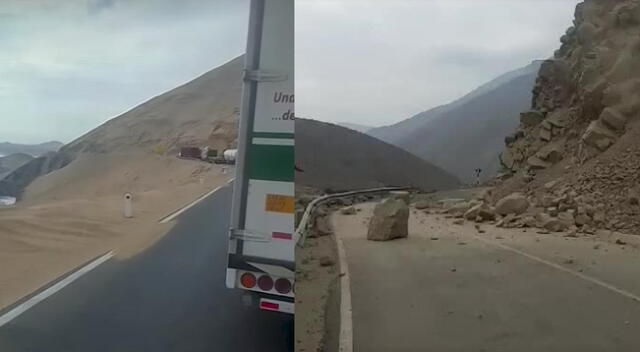 A la izquierda, el tráfico en Pasamayo tras derrumbe. A la derecha, la caida del rocas en Chancay.