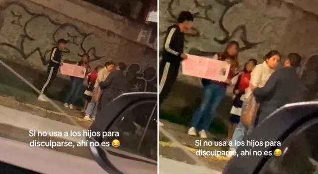 La señora no sabía que hacer al ver a su esposo pidiéndole perdón en plena calle.