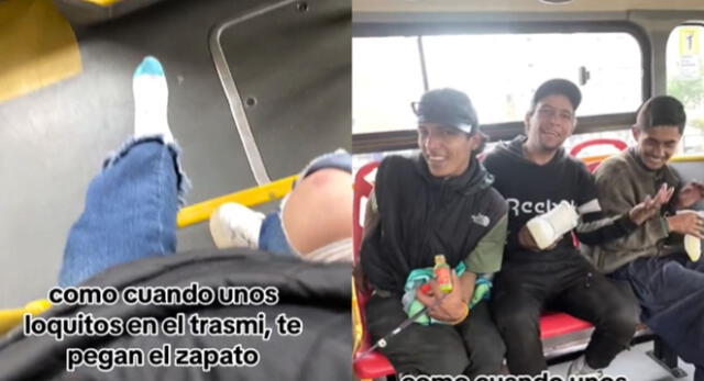 Jóvenes ayudan a pegar la suela de una zapatilla en pleno bus y es viral en TikTok.