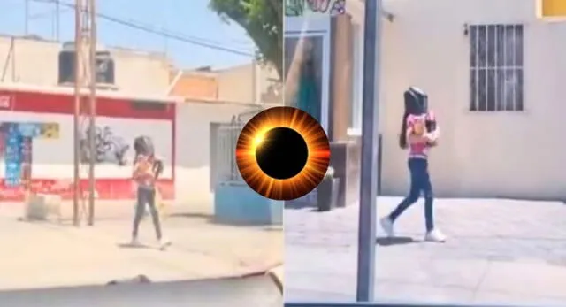 Niña usa singular protección para ir a la tienda durante el eclipse solar y es viral en redes sociales.