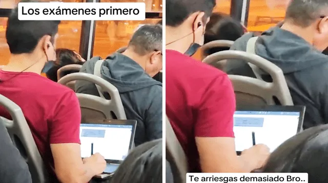 Joven peruano sorprende al hacer su tarea con laptop dentro de bus y en TikTok lo vacilan