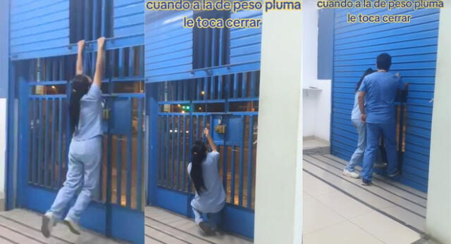 Trabajadora usa toda su fuerza para cerrar la puerta del negocio y es viral en TikTok.