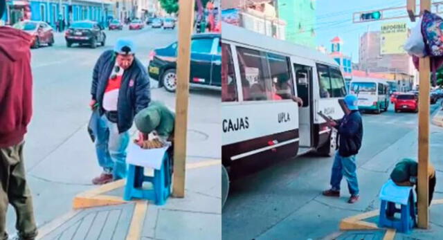 Señor supervisa las tareas de su hijo, mientras trabaja como 'datero' en las calles de Huancayo.