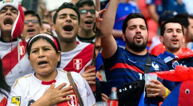 Ciudadanos de Perú y Francia entonando el himno nacional de su nación.