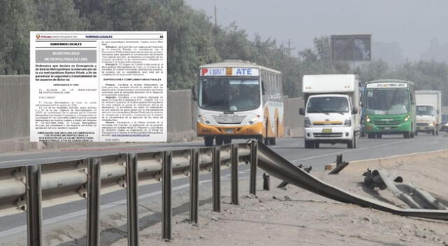 La Municipalidad de Lima declara en emergencia la autopista Ramiro Prialé según la ordenanza municipal N° 2644.