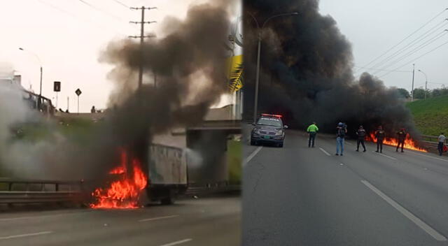 Camión cargado de gaseosas se incendia en plena pista de San Martín de Porres.