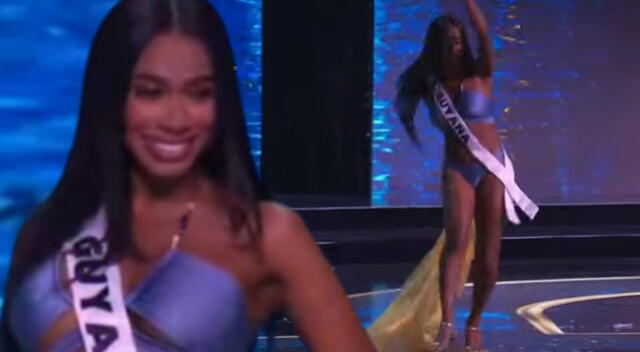 Miss Guyana se resbala en el Miss Universo 2024.