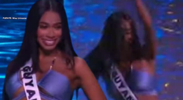 Miss Guyana se resbala en el Miss Universo 2024.