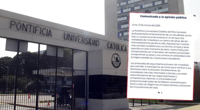 PUCP envía comunicado sobre el fallecimiento de su estudiante tras incidente en campus. PUCP envía comunicado sobre el fallecimiento de su estudiante tras incidente en campus.