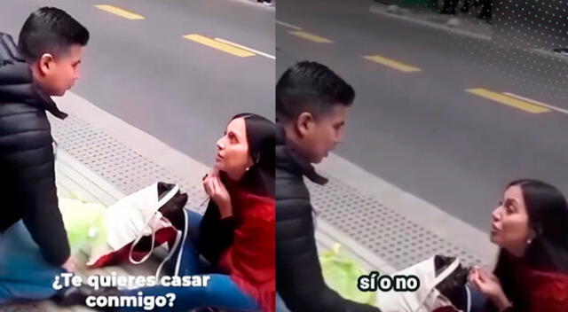 Joven le ruega a su novio para casarse en plena calle. Joven le ruega a su novio para casarse en plena calle.