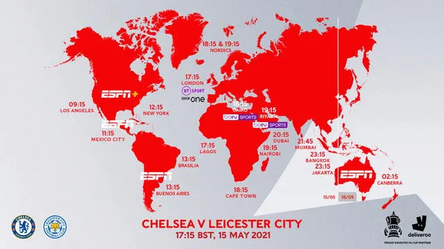 Horarios del Chelsea vs. Leicester City. | FUENTE: FA Cup.   