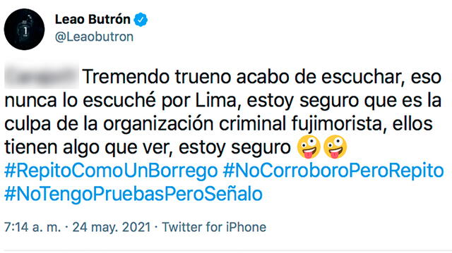 Mensaje de Leao Butrón por redes sociales. | FUENTE: Twitter.   
