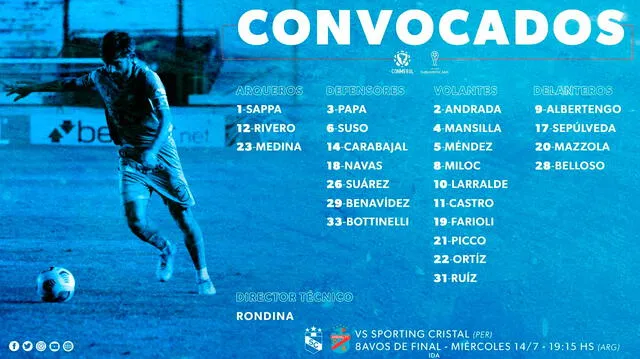 Los convocados de Rondina para enfrentar a Cristal. | FUENTE: Twitter.   