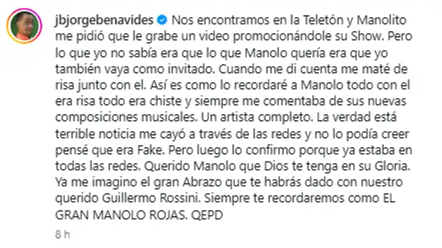 JB recuerda a Manolo Rojas tras su fallecimiento.