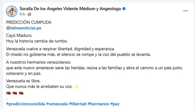 Vidente Soralla se pronuncia tras cumplir predicción de Maduro. Foto: Facebook.   