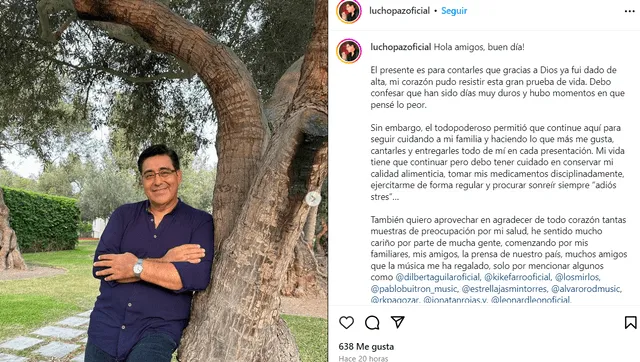 Lucho Paz reaparece repuesto tras infarto al corazón.