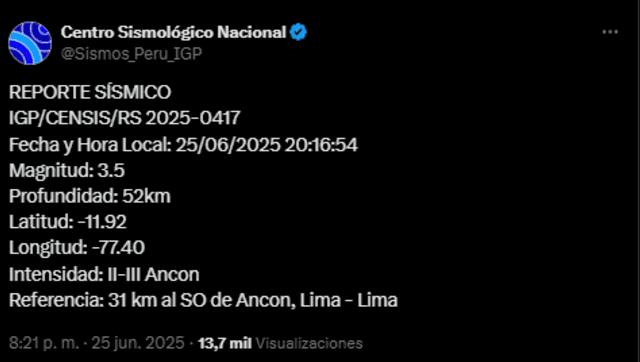 Temblor con epicentro en Ancón remeció Perú, hoy 25 de junio. Temblor con epicentro en Ancón remeció Perú, hoy 25 de junio.