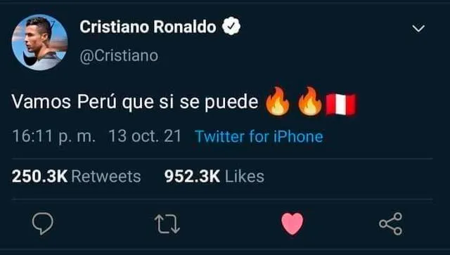 Supuesto mensaje de Cristiano Ronaldo en Twitter a favor de la selección peruana - captura de pantalla.   