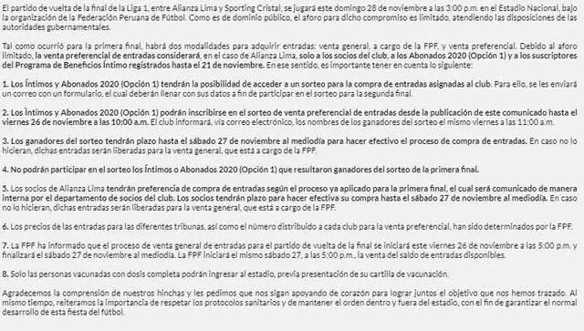 El comunicado de Alianza Lima sobre la venta de entradas - FUENTE: Twitter. 