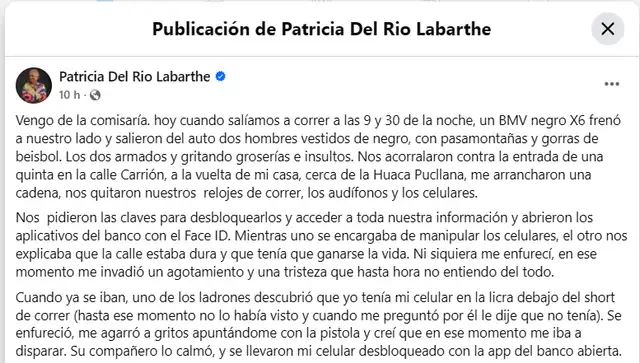 Patria contó que la asaltaron cuando salía a corre en Miraflores.