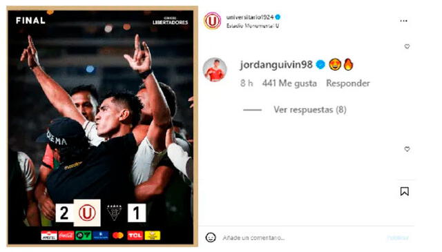 Jordan Guivin festejó el triunfo de Universitario.   