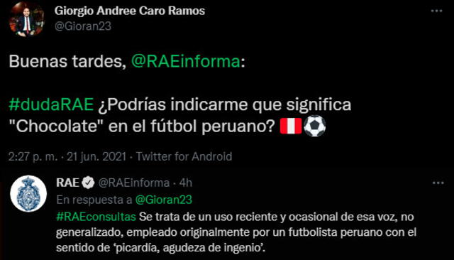 RAE responde a usuario sobre el significado de chocolate por la selección peruana. | FUENTE: Twitter. 