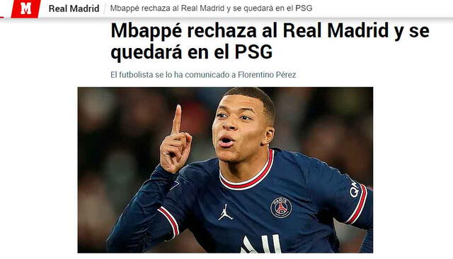 La publicación del Diario Marca sobre la frustrada negociación de Mbappé con el Madrid. / FUENTE: Marca.   
