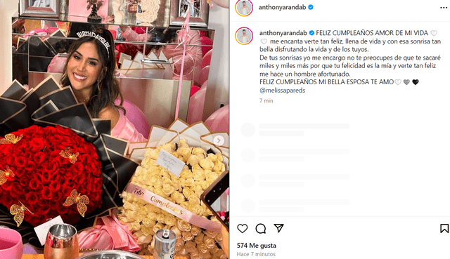 Anthony Aranda y su publicación tras cumpleaños de Melissa Paredes.  