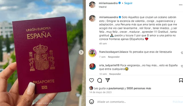 <em> Miriam Saavedra feliz de tener la nacionalidad española. Captura: Instagram</em> 