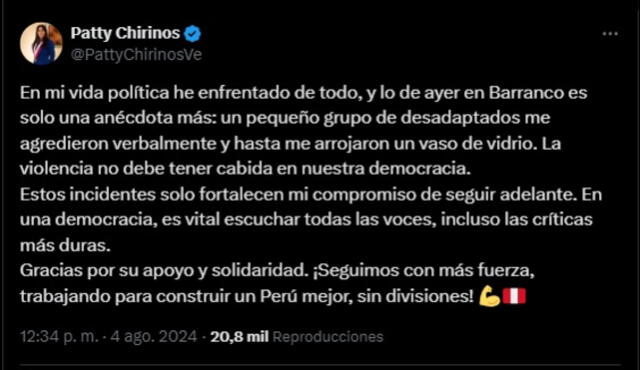 Patricia Chirinos minimiza al grupo que la agredieron verbalmente.