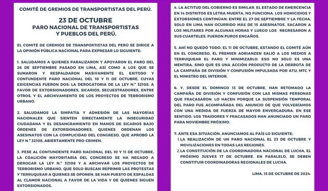 ¿Este miércoles 23 de octubre habrá nuevo paro de transportistas? Gremios de transportes confirman fecha