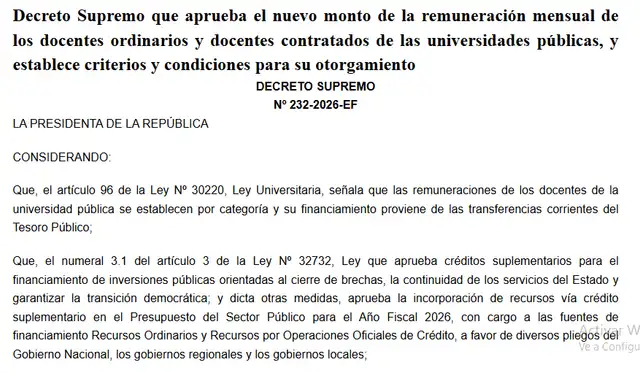 Decreto Supremo N.° 232-2026-EF publicado en el Diario el Peruano.
