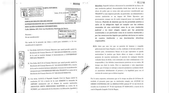 Carta notarial que Telesup envió a Sunedu.   