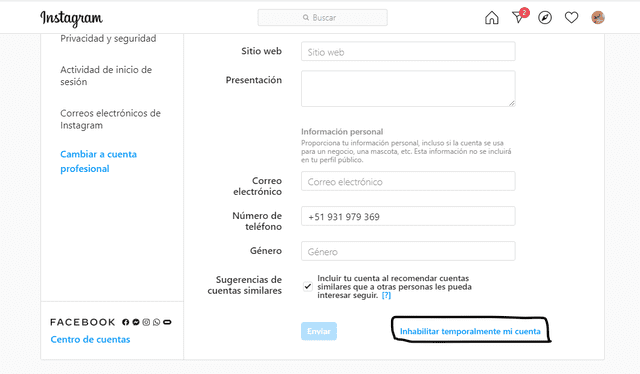 Ingresar a opciones de Instagram y luego dar clic donde dice inhabilitar cuenta   