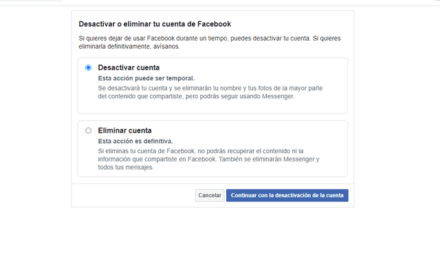 Escoge entre suspender tu cuenta temporalmente o eliminarla para siempre. Escoge entre suspender tu cuenta temporalmente o eliminarla para siempre.