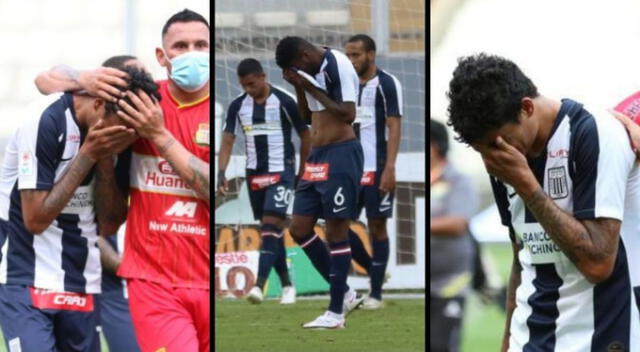 Joazinho Arroé, Carlos Ascues y Carlos Beltrán se lamentan tras la derrota en el último partido ante Sport Huancayo por 2-0.   