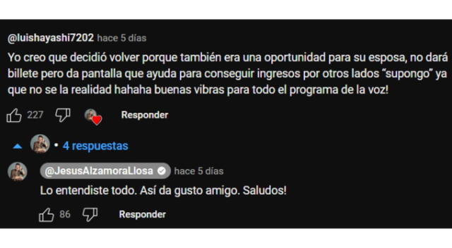  La respuesta de un usuario en el canal de YouTube de Jesús Alzamora. Fuente: YouTube.   