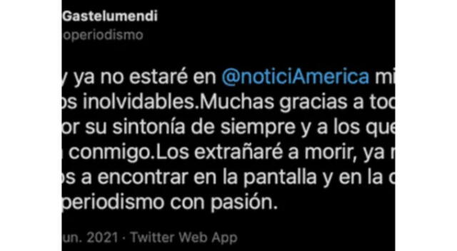  René Gastelumendi se despidió de su público en Twitter. Fuente: Difusión. 