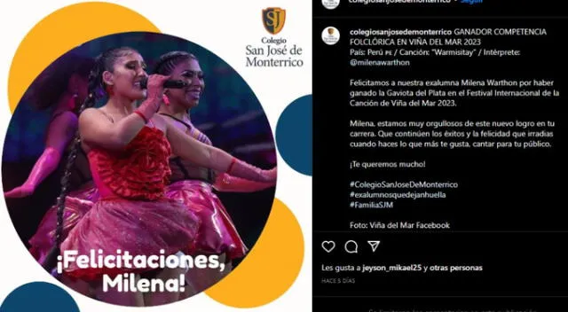  Colegio de Milena Warthon la felicitó por su triunfo en Viña del Mar 2023. Fuente: Instagram.