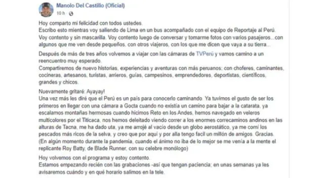  Manolo del Castillo comparte comunicado anunciando su regreso a la televisión. Fuente: Facebook.   