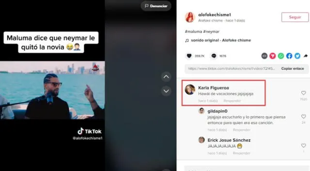  Usuarios relacionan la canción 'Hawai' con la historia de Maluma y Natalia. Fuente: TikTok. 