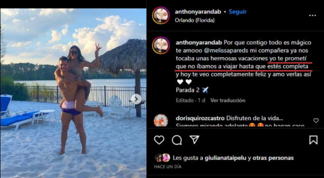  Anthony Aranda deja entrever que tuvo participación en el pago del viaje con Melissa Paredes. Fuente: Instagram.   