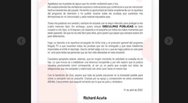  Este es el comunicado de disculpas de Richard Acuña. Fuente: Instagram.   