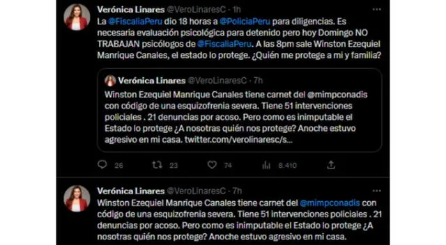  Verónica Linares preocupada por lo que sucederá con su acosador en las próximas horas. Fuente: Twitter.   