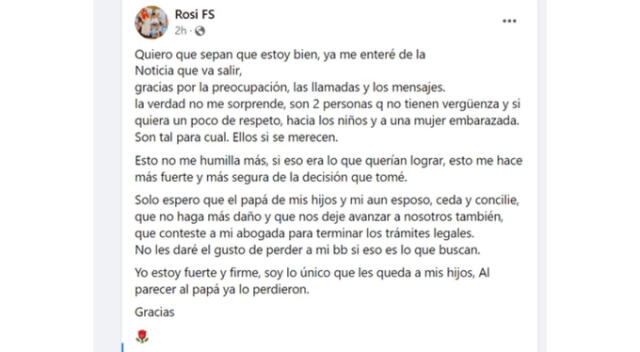  Rosa Fuentes comparte comunicado en sus redes. Fuente: Facebook. 