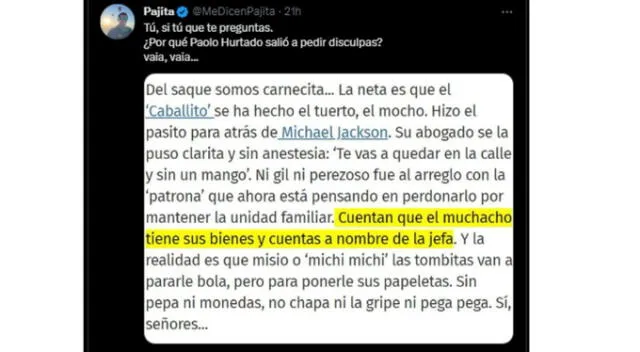  Esta es la supuesta razón de las disculpas de Paolo Hurtado. Fuente: Twitter.   