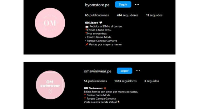 Estas son las cuentas de las tiendas de Olenka Mejía. Fuente: Instagram.   