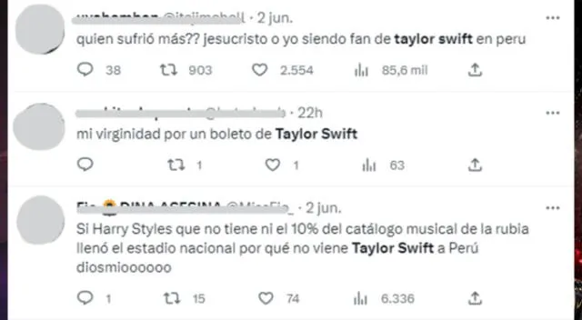  Usuarios imploran que Taylor Swift venga a Perú. Fuente: Twitter. 