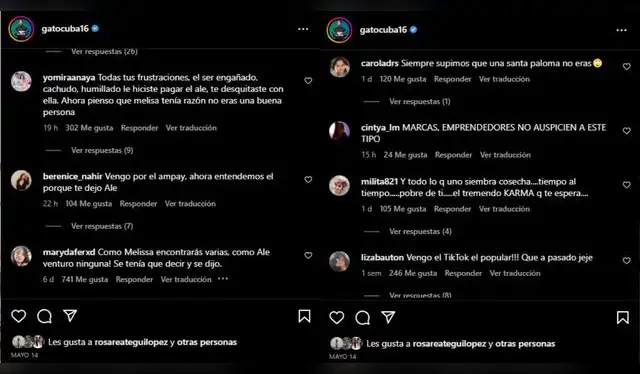  Usuarios critican a Rodrigo Cuba por ampay. Fuente: Instagram. 