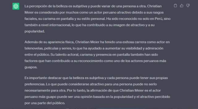  ChatGPT explica por qué Christian Meier es el actor peruano más guapo.    